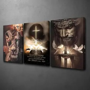 Set of 3 Religious Canvas Art Prints - Lion & Cross, Portrait of Jesus Christ, Dove & Cross - Wood-Framed Wall Decor suitable for Home, Office, or Church; Modern & Classic Styles; Ideal for Bedroom, Living Room, or Bathroom Decoration.