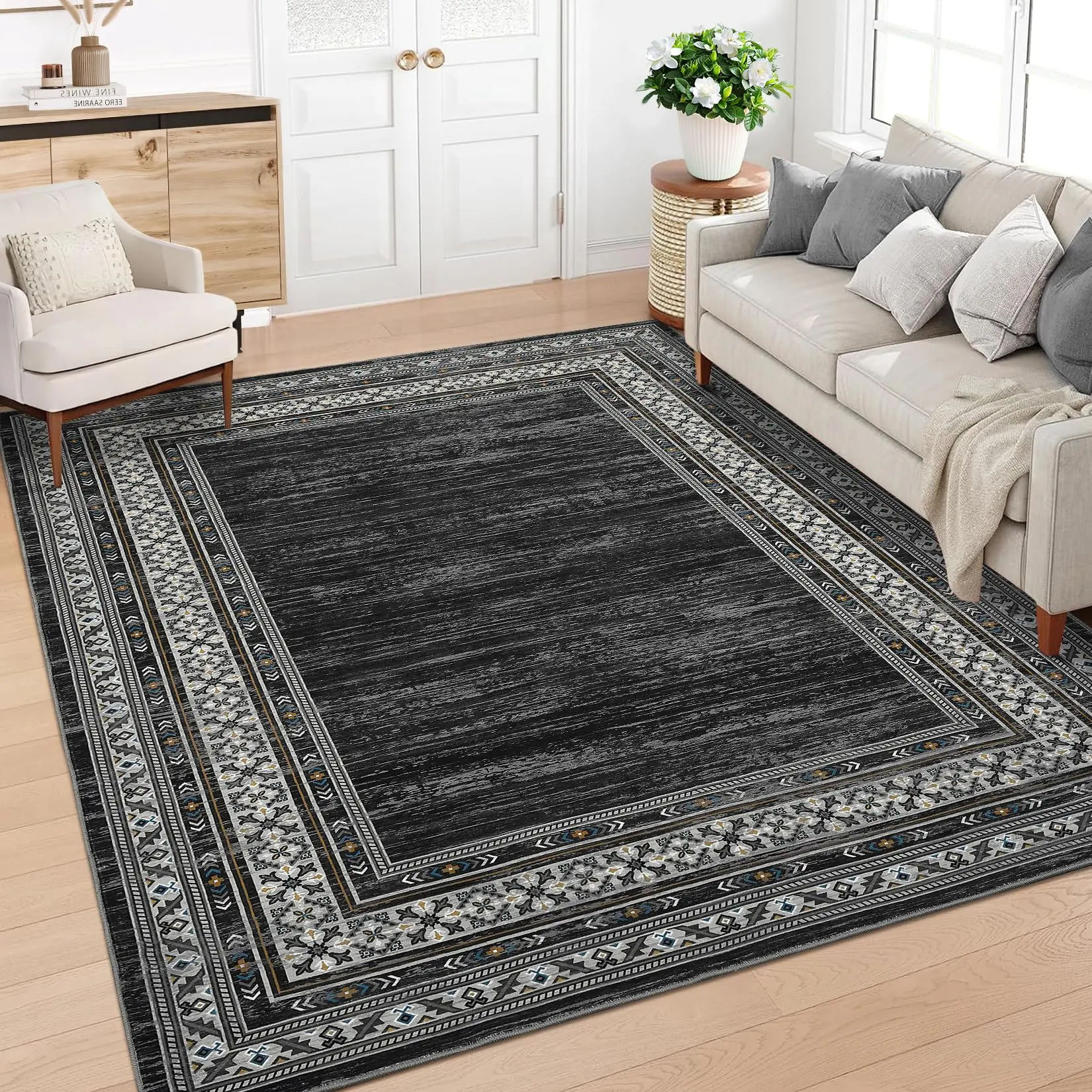 【GARVEE】8x10 Washable Indoor Area Rug - Modern Distressed Design, Foldable, Thin, Low Pile, Non-Slip Bordered Carpet for Living Room, Bedroom, Dining Room, Black