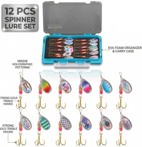 12 Pcs Spinner Fishing Lures Kit, Unique Holographic Pattern Spinnerbaits with Strong Gold Treble Hooks, Portable EVA Foam Organizer & Carry Case, Professional Hard Baits for Bass Trout Salmon Walleye Freshwater