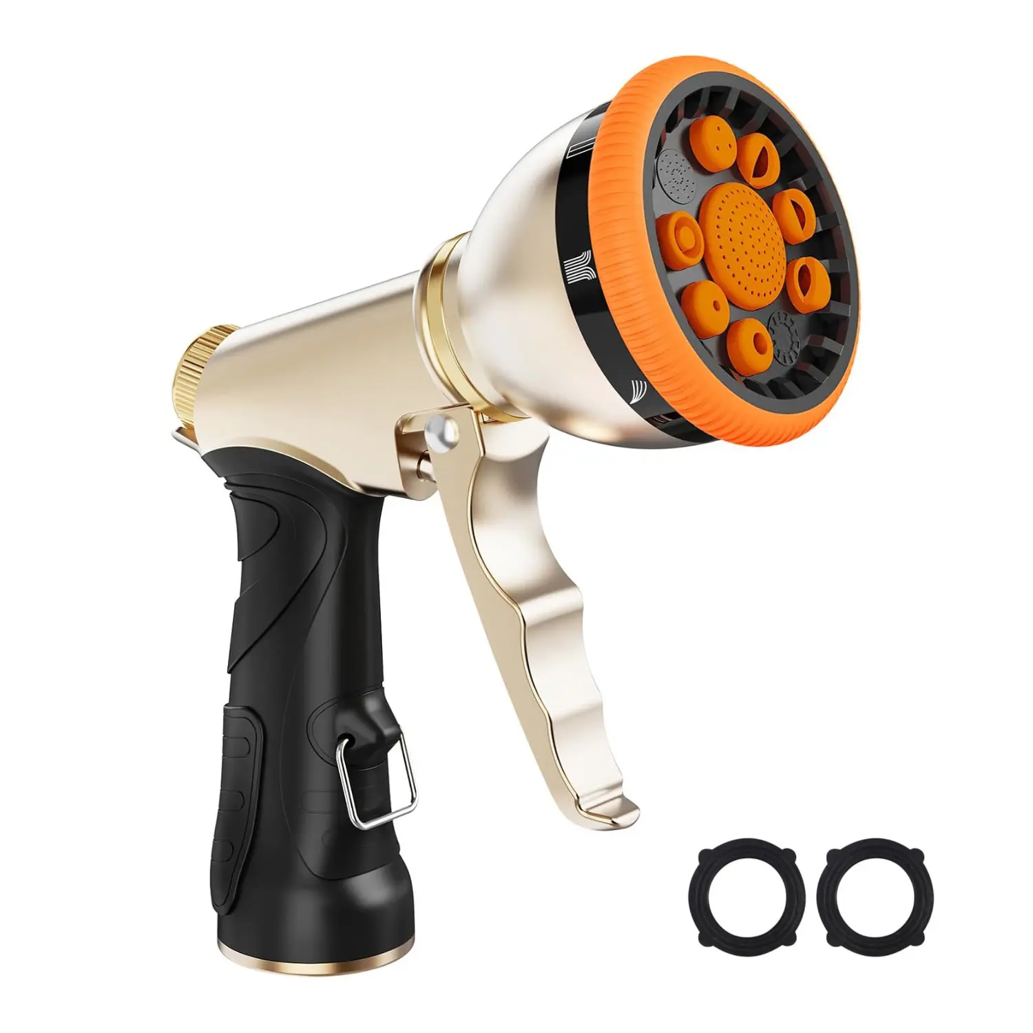 QXIAOZHAN Heavy Duty Garden Hose Nozzle, 9 Spray Patterns, Anti-Rust Zinc Alloy Trigger & Lock Bar, 3/4" Thread, Quick-Connect Adapter, Heat-Resistant & Cold-Friendly, Easy Installation for Watering Plants, Car Washing (Fits Garden Hoses & Reels), 3/4 Inc