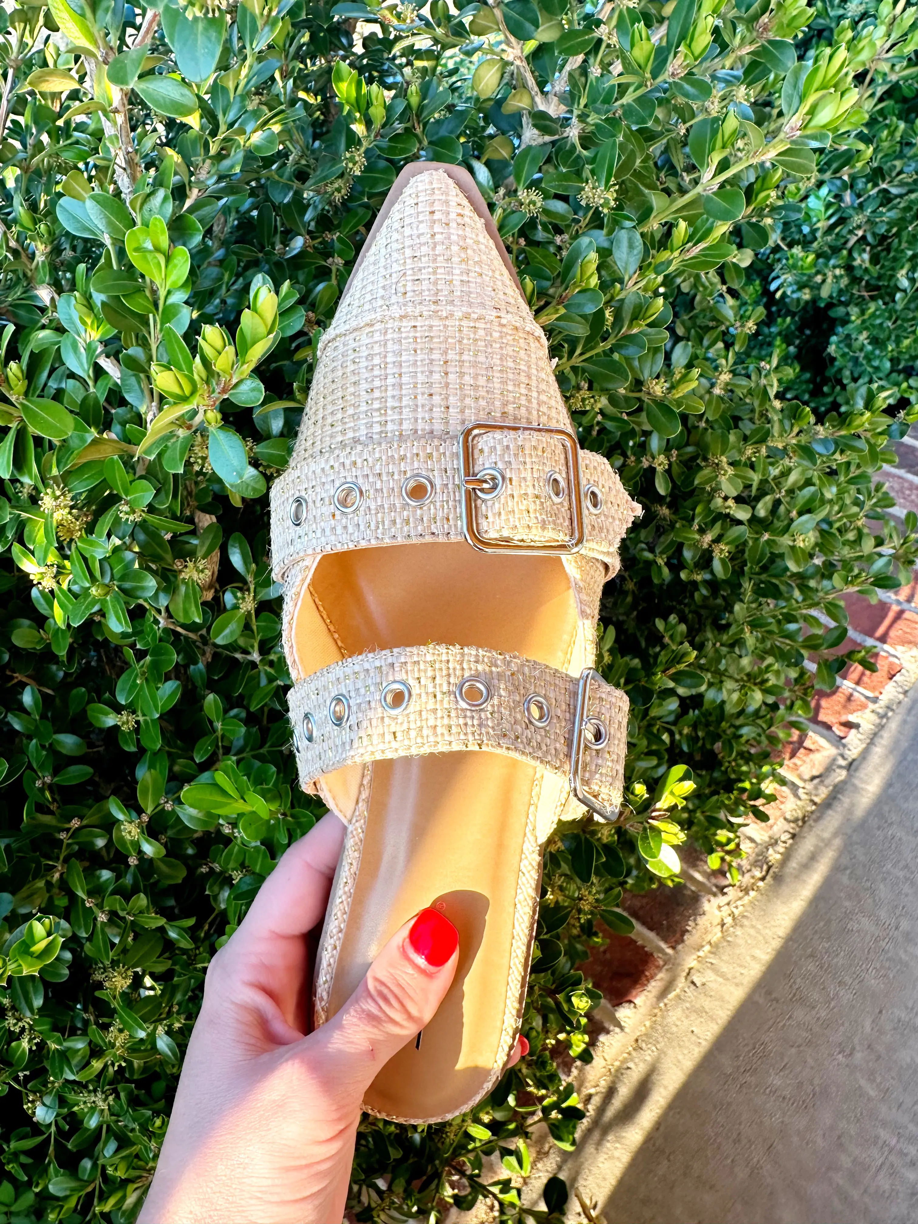 Shiny Gold Raffia Buckle Mule