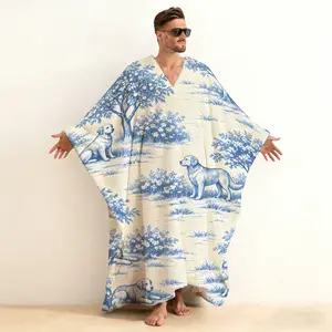 Toile de Jouy Pattern Print Plush Kaftan Robe, Classic French Countryside Scenic Fleece Loungewear, Soft Warm Open Front Home Robe, Vintage Storytelling Design Sleepwear