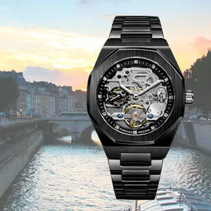 Men's Mechanical Watch Classic Business Round Dial Waterproof Luminous Handsome Mechanical Men's Skeleton Watch, Stainless Steel Strap Skeleton Watch, Men's Automatic Mechanical Watch with Box fox  box
