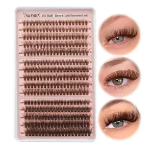 Yawamica Brown Lash Clusters Fluffy Eyelash Extension 10-16mm Individual Lashes D Curl Eyelash Clusters 40D+50D+70D Volume 300pcs Cluster Lashes