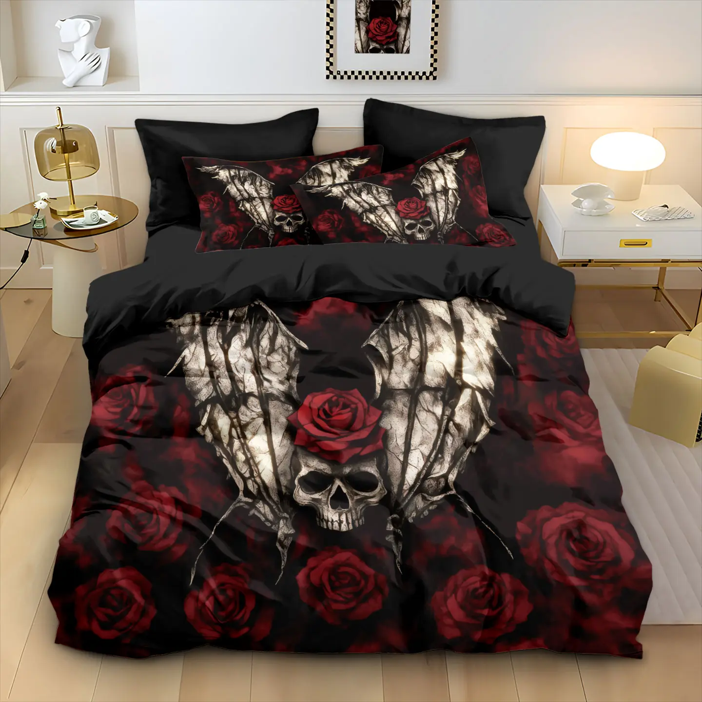 3-Piece Skull Floral Rose Print Bedding Set (1 Fitted Sheet + 2 Pillowcases), Soft Comfortable Bedding, Ideal for Couple Rooms & Hotel Rooms
