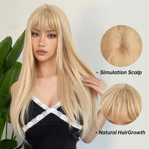 Elegant 24" Long Straight Blonde Wig with Bangs - High-Temperature Synthetic Hair, Rose Net Cap, Ideal for Daily Wear, Cosplay & Photo Shoots, Hair Wig