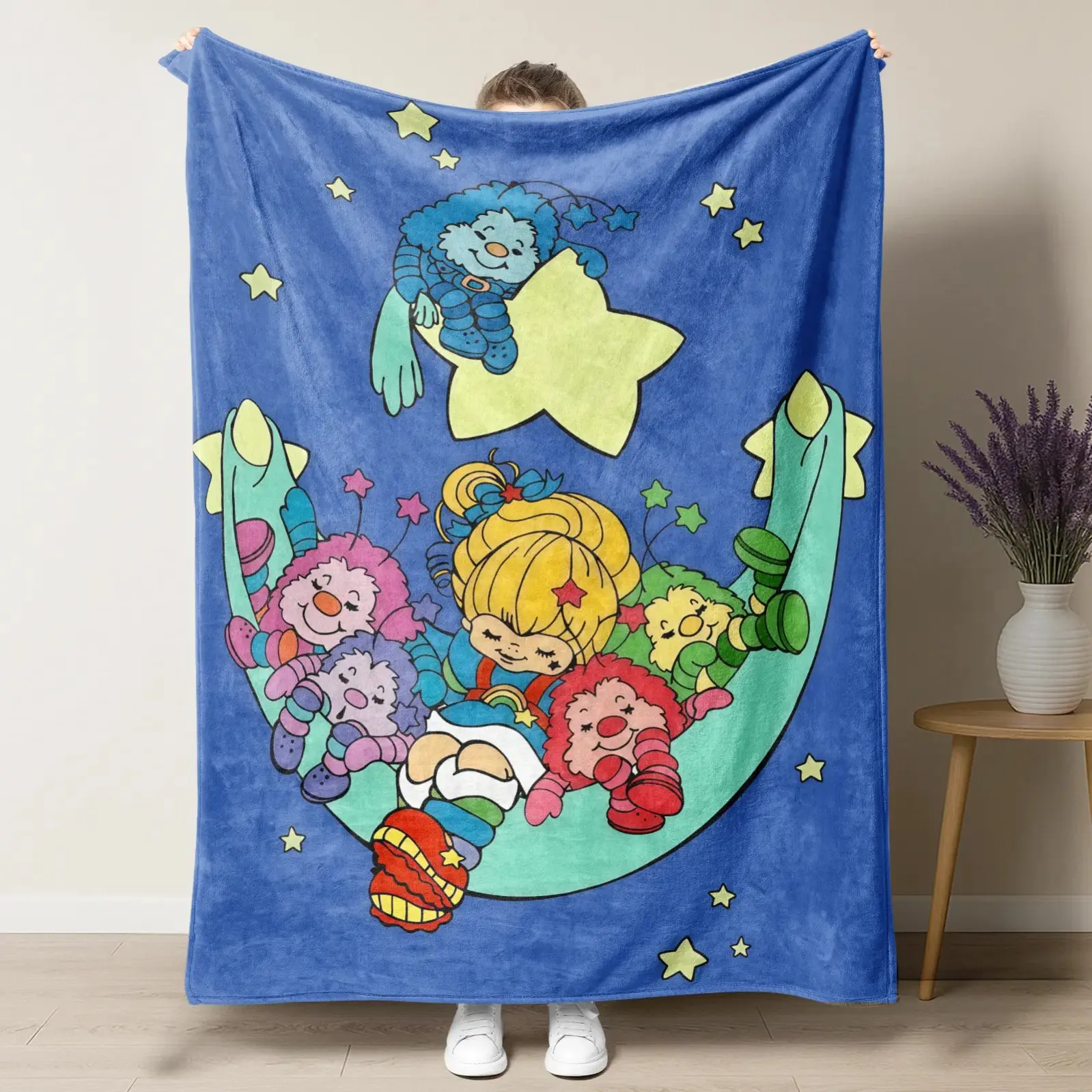 Rainbow Brite Moon & Stars Flannel Blanket Soft Cozy Fleece Throw Blanket Cute Nostalgic 80s Cartoon Night Sky Lightweight Blanket for Bed & Couch, Aesthetic Room Decor, Retro Nostalgia Gift for Fans, Christmas Birthday Holiday Gift