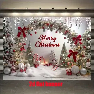 Festive 2D Flat Banner 1pc Christmas Backdrop Polyester Candy Cane Silvery Tinsel White Snowy Merry Christmas with Arch Trees Balloons for Living Room Outdoor Decor Influencer Live Streaming No Power Required Party Banner