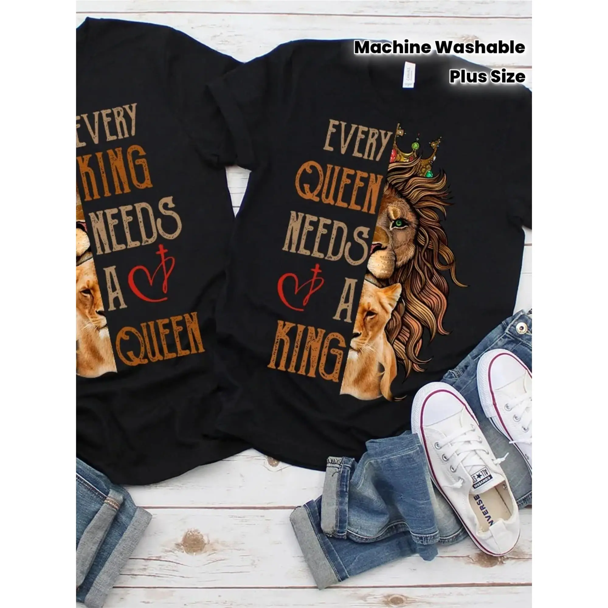 1pc Couple Matching T-Shirt- Every King Needs a Queen, Every Queen Needs a King Crown and Heart Design- Men and Women Matching T-Shirt- Couple Birthday/Anniversary Gift- Machine Washable T-Shirt- Romantic Couple Clothing- Mid-Year Edition, PLUS SIZE