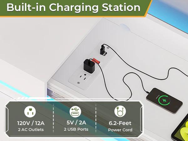 Sikaic LED Lights Dresser for Bedroom with Charging Station and Sliding Desktop Drawers Large Storage Tower Clothes Organizer Cabinet Apartment Furniture