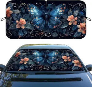 Blue Butterfly  Windshield Sunshade Folding Retro  Leaves Heatshield Front Window  Sun Shade Windshield Block UV Rays Sun Shade Visor Protector for  Sedan  SUV Accessories