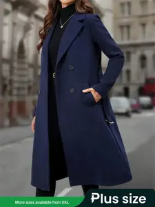 Elegant Women's Plus Size Solid Color Long Coat with Belt, Fall Winter Casual Slimming Woven Woolen Overcoat, Ladies Fashion Outerwear