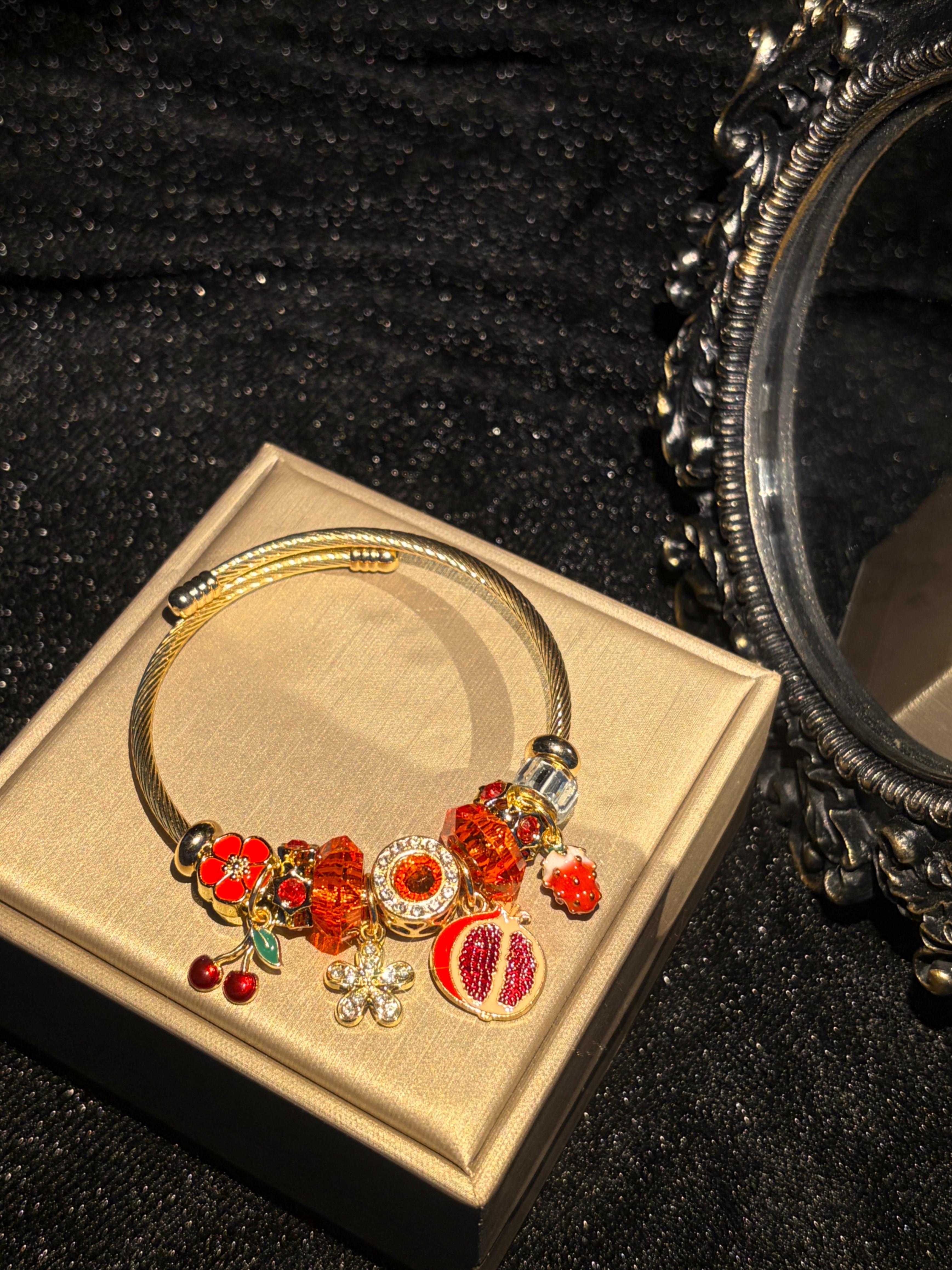 Women's Gold-Tone Wire Open Bangle Bracelet, Fruit-Themed Jewelry with Pomegranate, Strawberry, Cherry, Flower Enamel Charms, Elegant Stackable Gift Women's Gold-Tone Wire Open Bangle Bracelet, Fruit-Themed Jewelry with Pomegranate, Strawberry, Cherry, Flower Enamel Charms, Elegant Stackable Gift