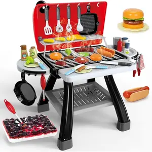 Kids Play Kitchen BBQ Grill Playset with Smoke, Sound & Light, Play Food Cooking Set, 2-Layer Outdoor Grill Toy Gift for Toddler Boys Girls 3-5