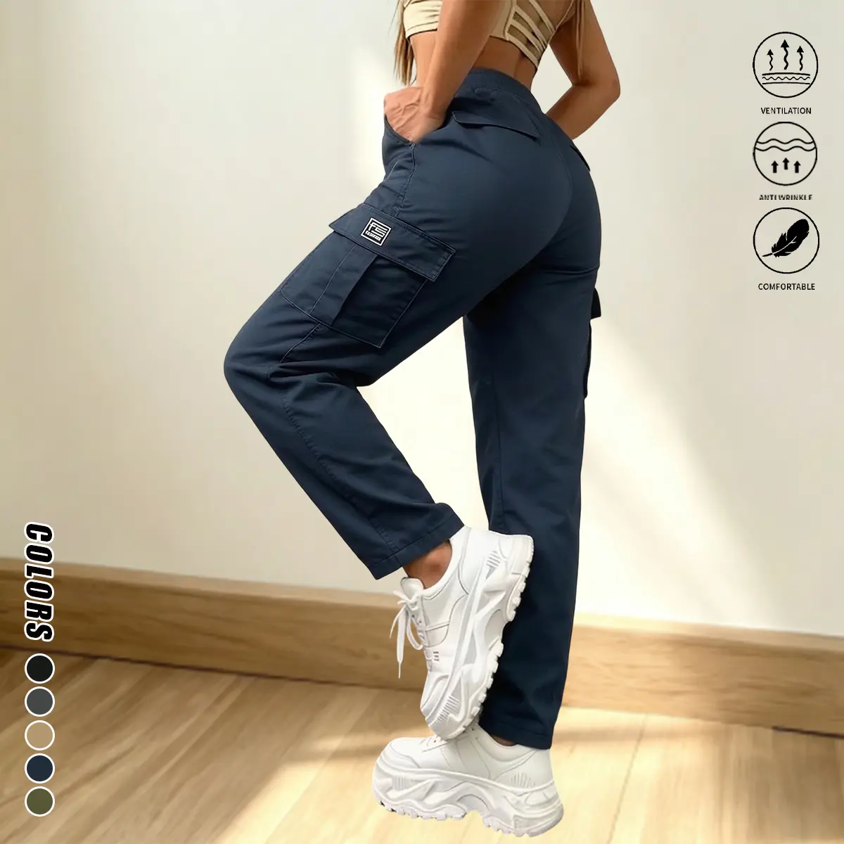 Women’s solid-color cargo pants with side pockets for convenient storage, suitable for everyday wear and outdoor activities; also appropriate for work. Women’s clothing, women’s pants, women’s cargo pants.