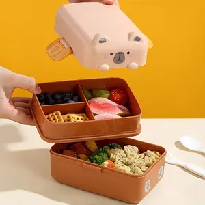 Cartoon Dual-Layer Plastic Student Lunch Box, Plastic Bento Box, Microwave Safe, Cute Animal Design, Large Capacity, Portable, Easy Clean, for Office, School, Travel, Picnic, Microwavable Bento Box