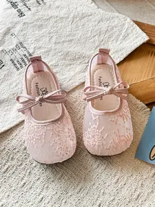 Girls' Soft Sole Bow Princess Shoes, Fashion Flat Shoes, Bowknot Design Flats, Cute Mesh Sneakers for Spring & Fall, Rubber Sole, PU Upper Material, All Seasons, Fashionable Flats, Breathable Flats