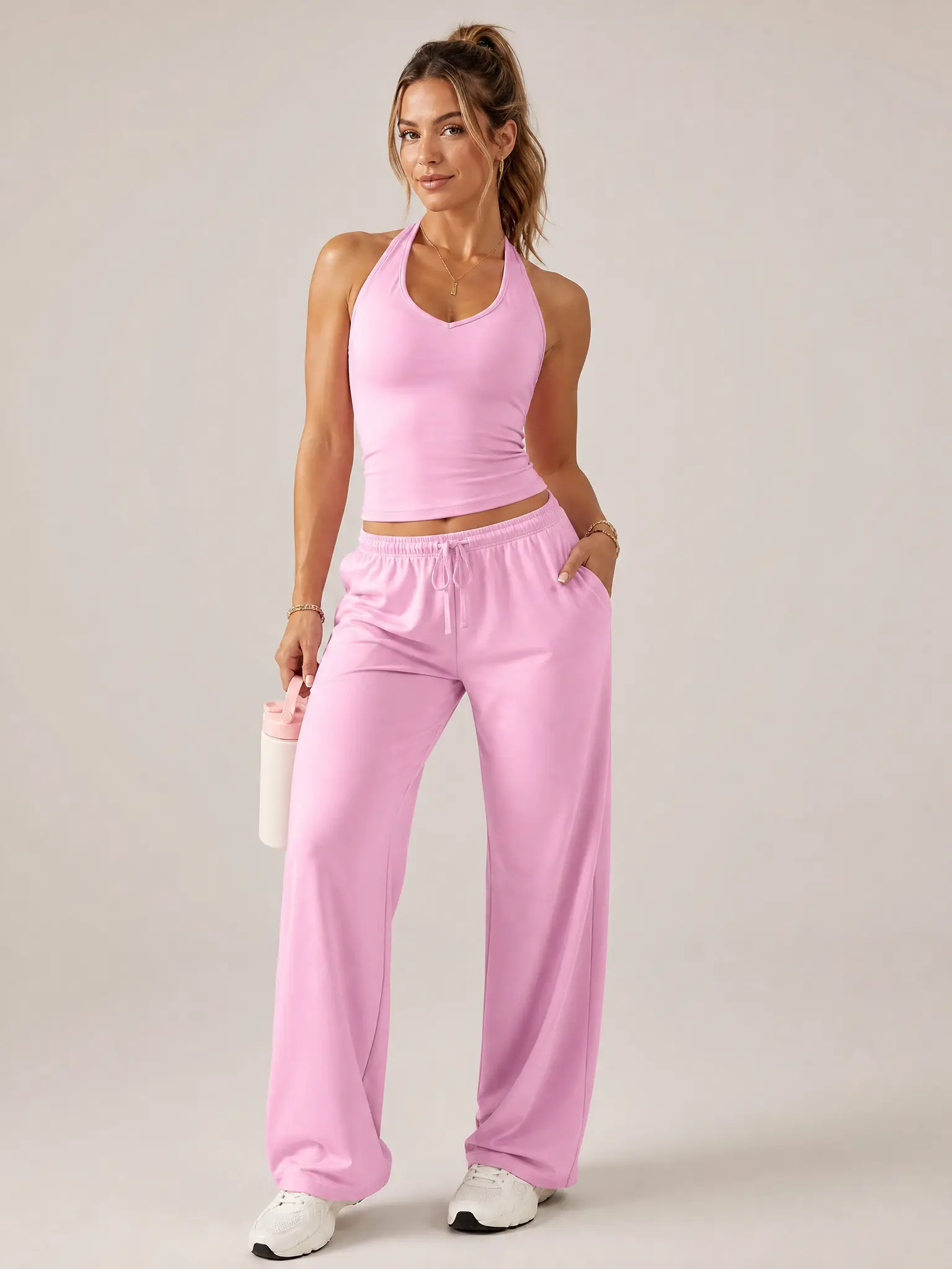 Women's 2-Piece Yoga Set, 4-Way Stretch Halter Top with Built-in Bra and Wide Leg Athleisure Pants with Pockets, Quick Dry Activewear, Anti-Odour, Workout, Uv-Protective, Biking, Open Back, Workout/Outdoor, Yoga/Biking
