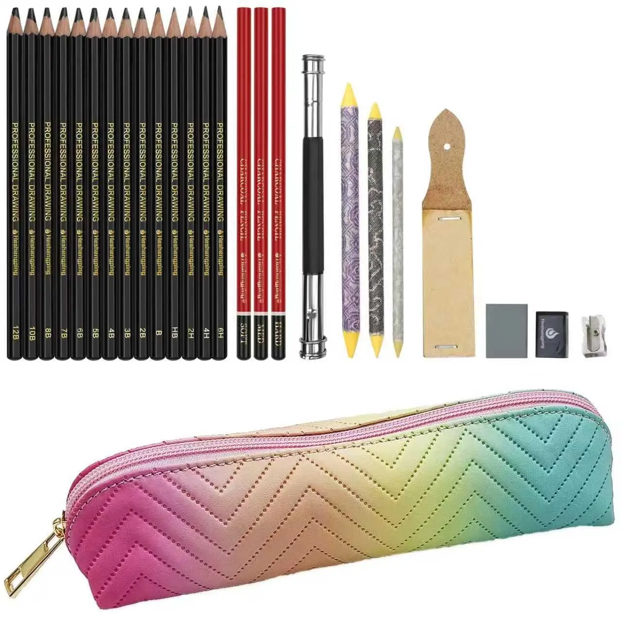 26-Pack Office Stationery Sketching Drawing Kit for Beginners - Graphite Charcoal Pencils (1B,2H,3B,4B,5B,6B,6H,7B,10B,12B,B,4H), 1 Pencil Extender, Sandpaper Block, Cute Portable Case (Ideal for Birthdays)
