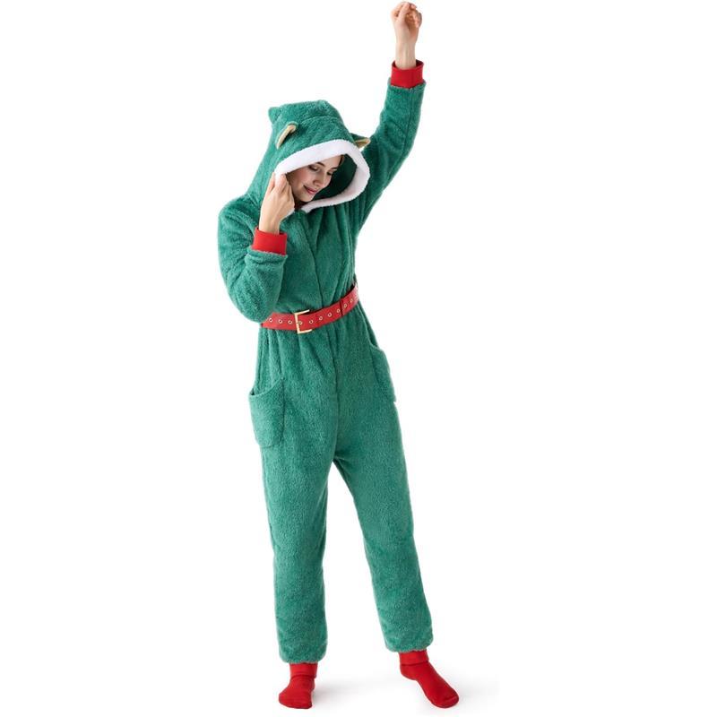 Giggling Getup Women Hooded Christmas Pajamas Outfit, Adult One-piece Winter Pajamas indoor wear