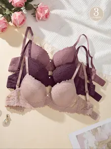 Women's Plain Bow-Decor Contrast Lace Push-Up Bra, Elegant Adjustable-Strap Underwire Bra, Soft, Comfortable, Breathable Lingerie for All Seasons, Lace Bra Underwear for Women