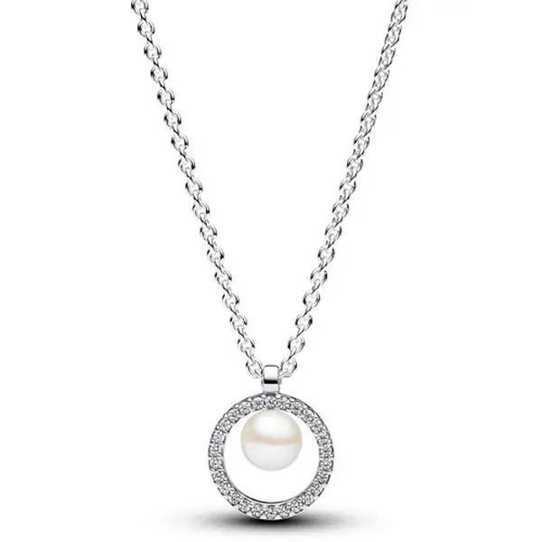 Pandora Treated Freshwater Cultured Pearl & Pave Collier Necklace, 45 cm, Bleaching and Lustre Enhancement, Casual & Special Occasions Jewelry for Adults, 393165C01