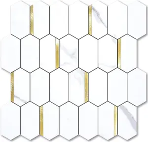Vamos Tile Long Hexagon Peel and Stick Backsplash Tile - 10 Sheets Stick on Backsplash for Kitchen and Bathroom 12.4 x 12 Inch White Marble Look PVC Mixed Metal Gold Self Adhesive Mosaic Wall Tiles