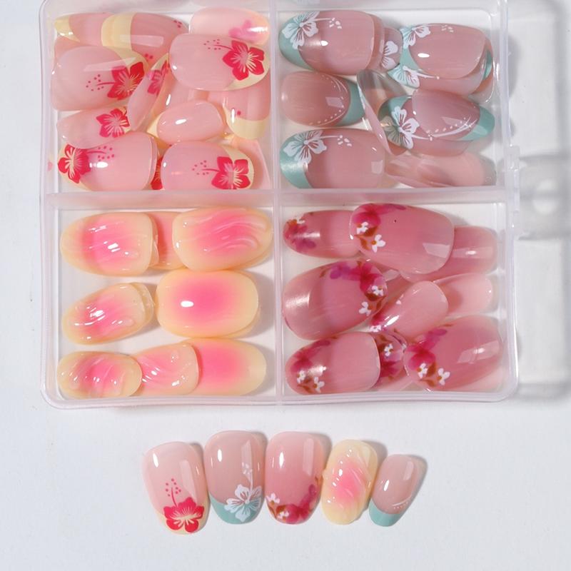 96pcs Short Oval False Nails, Acrylic Fake Nails, Multicolor Floral French Style, Y2K Acrylic Press-On Nails, Reusable for Women and Girls