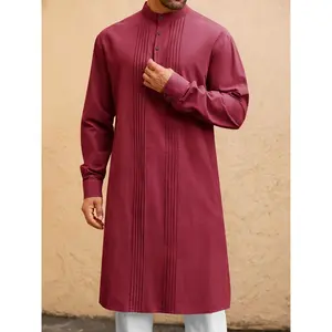 Men's Kaftan Robe Button Long Sleeve Cotton Linen Thobe Casual Muslim Gown Henley Shirt Kurta Buttoned Top
