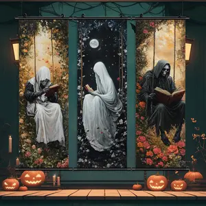 Scary Skull Man Reading Poster, 3 Counts/set Halloween Themed Hanging Banner, Ghost Reading Decoration, Halloween Decorations, Gift