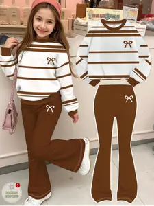 Teen Girls Casual Fashion Coffee Stripe Set, Mini Bowknot Pattern, Loose Round Neck Sweatshirt & Tight Bell Bottoms Two-Piece, Striped Sets