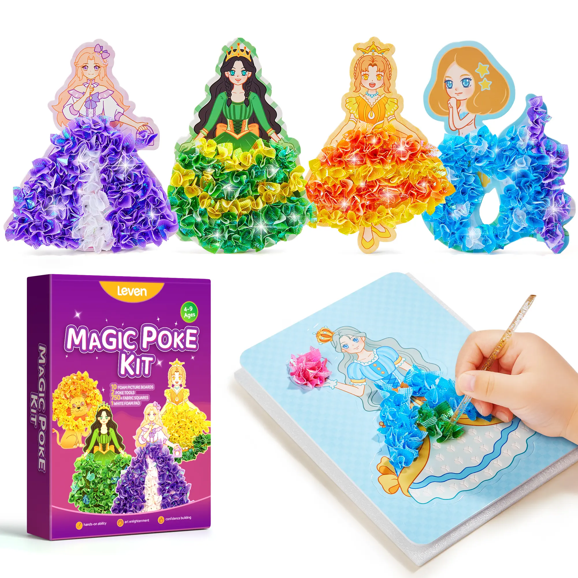 Leven Magic Poke Art Kit (10 Pcs) - Unisex Princess & Animal Theme DIY Flower Pressing Craft Toy with 750 Fabric Pieces, Mess-Free Creative Play for Ages 4+, 4-6 Years Gifts for Christmas, Birthdays