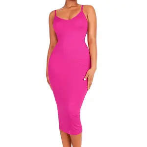 FeelinGirl Seamless Spaghetti Strap V-neck Maxi Built-in Shaper Dress Comfortable Basic