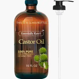 Essentially KateS Castor Oil 16 Fl Oz (Glass Bottle) - Original - A Huge Glass Bottle with a Pump - 100% Pure and Natural, Cold Pressed, and Hexane-Free - Hair and Body