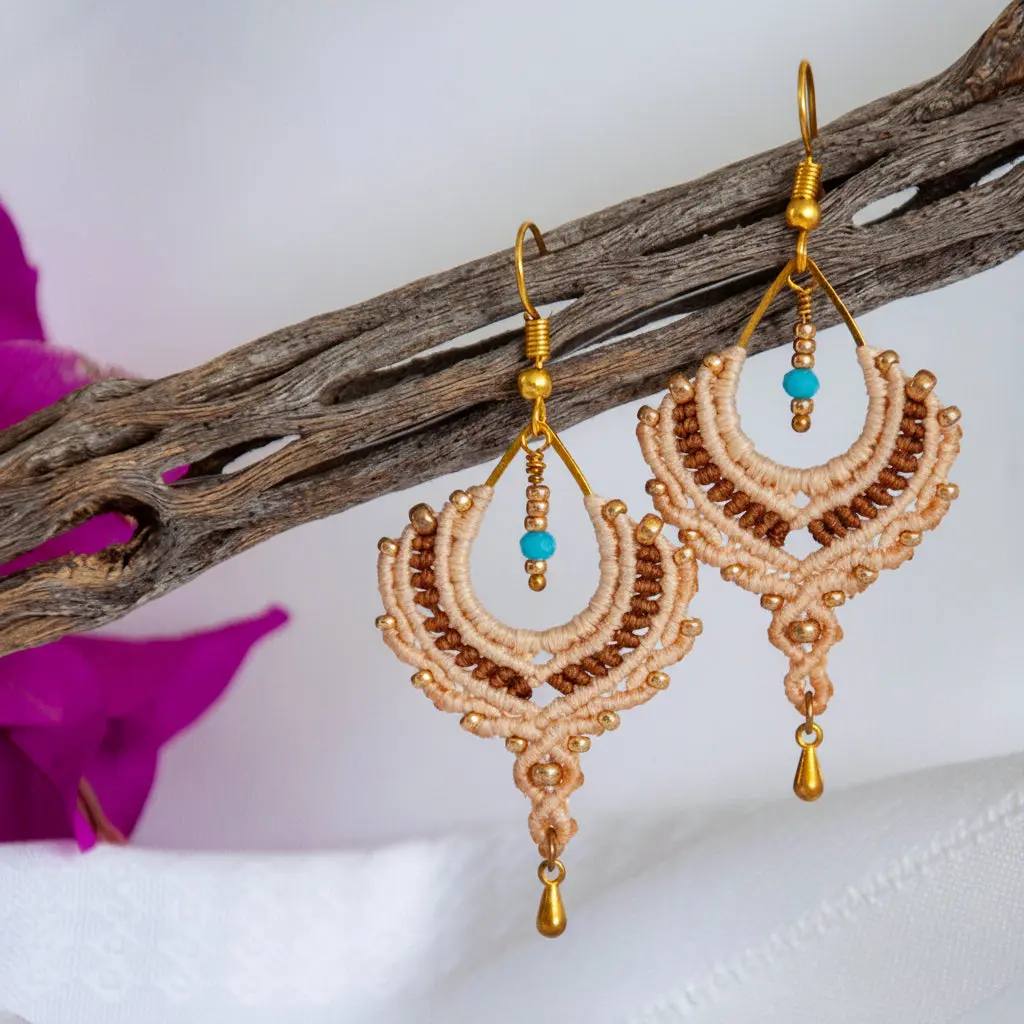 Macrame Crescent Chandelier Earrings - Sand and Chocolate Brown with Gold Bead Accents and Turquoise Crystal Center