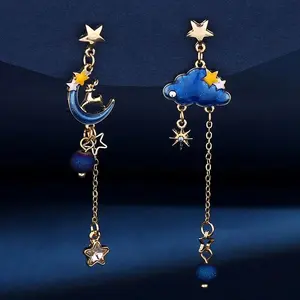 Fantasy Star and Moon Cloud Earrings! Blue Oil Dripping Craftsmanship, Deer Moon Star Pendant, Chain Design Is Smart and Sweet, Full of Girly Heart