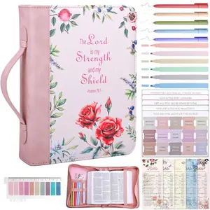 24 Pcs Leather Bible Cover Kit, Large Bible Cover Case, Church Bag with Study Supplies Carrying Case with Tabs, Bookmarks, Christian Gifts for Women, Teen Girls