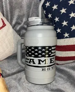 50 oz American Flag Stainless Steel Double wall Vacuum Insulated Handled Jug w/Stainless steel Straw with silicone tip, Friendly Push On Lid