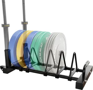 GXMMAT Horizontal Olympic Weight Plate Rack | 330lbs Capacity Powder-Coated Steel Frame | 4 Plate Storage Slots + 2 Barbell Holders | Adjustable Slot Spacing | Includes Wheels & Non-Slip Handles