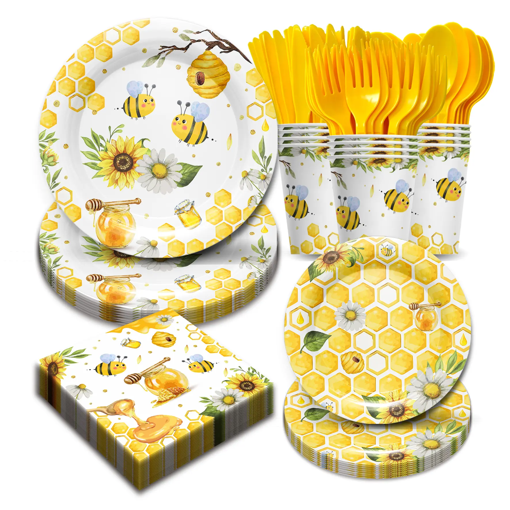168pcs Litter Bee Party Supplies，Honey Bee Paper Plates and Napkins, Cups, Napkins and Forks, Bee Party Decorations for Baby Shower