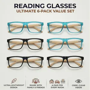 Unisex 6-Pack Reading Glasses, Wood Grain Temples Blue Light Blocking, Lightweight Tr90 Frame, Eye Fatigue Relief, +1.0 to +4.0 Prescription