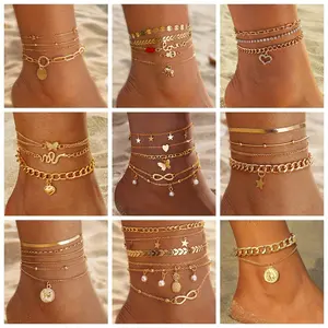 Boho Layered Anklet Set for Women - Vintage Beach Vacay Foot Jewelry with Heart & Star Charms, Mixed Cuban Link Chain, Trendy Multi-Row Summer