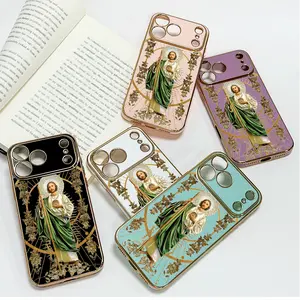 St. Jude Thaddeus Gold Plated Phone Case for iPhone 17 16 15 14 13 12 11 Pro Max Luxury Religious San Judas Tadeo Shockproof Cover with Lens Protection