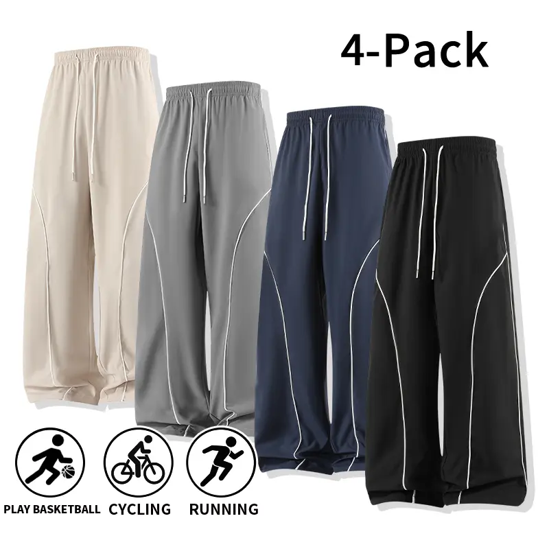 Men’s 4-Pack Ice Silk Polyester Wide-Leg Pants - All-Season Loose-Fit Floor-Length Athletic Pants with Drawstring, Contrasting Side Stripes, Quick Dry for Gym Training, Daily Commuting, Outdoor Casual Wear