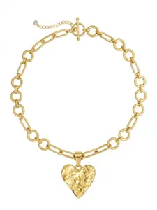 Golden Paperclip Chain Necklace, Hammered Heart Pendant OT Clasp Valentine Gift for Her
