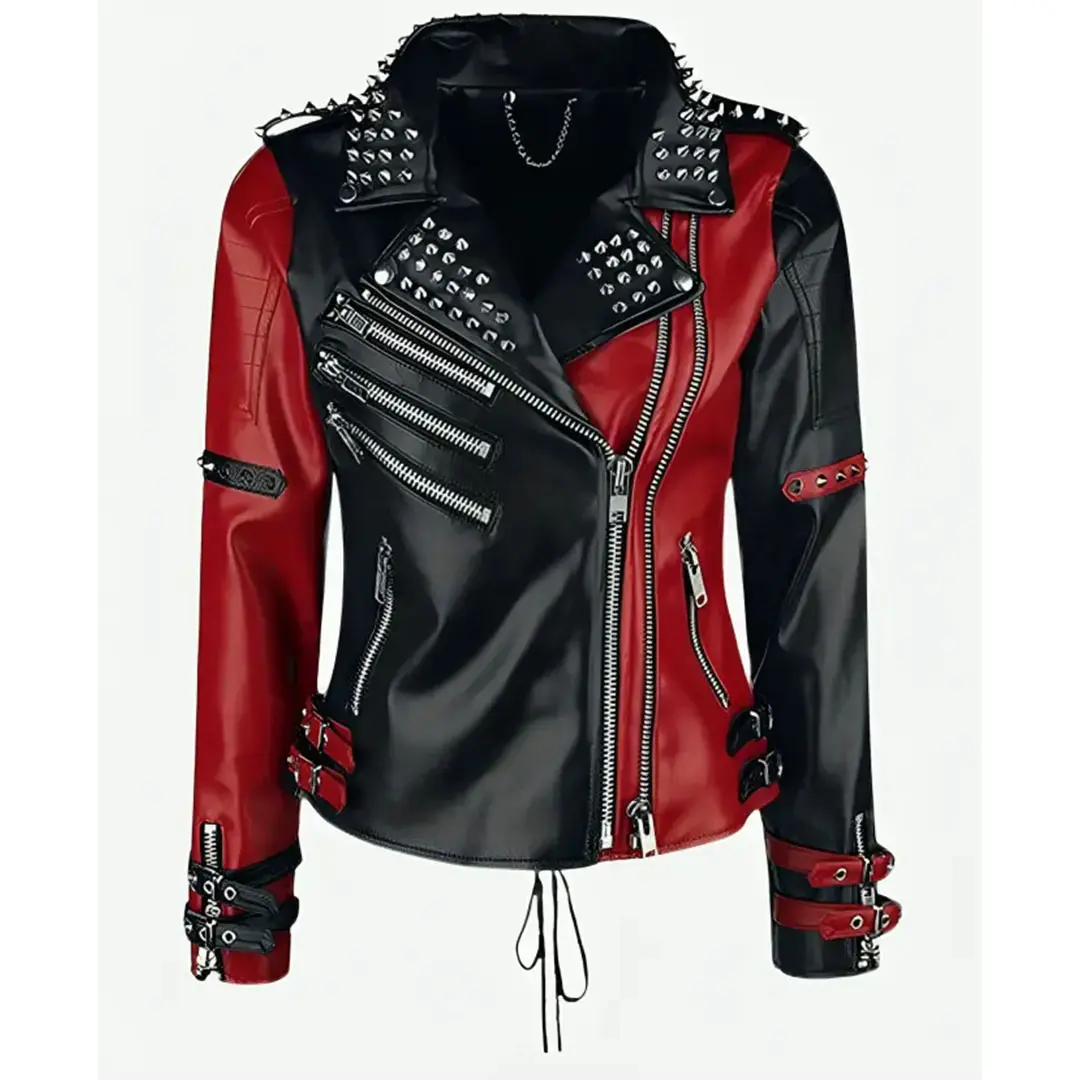 Women's Genuine Leather Studded Motorcycle Jacket, Harley Quin Black and Red Punk Biker Jacket with Spikes, Asymmetrical Zip Moto Jacket