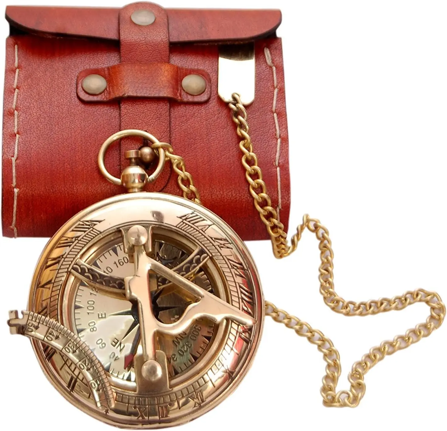 Handcrafted Antique Vintage Brass Sundial Compass Leather Case Gift