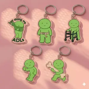 Sparkly Clear Acrylic Smiski Rehab Keychain Set for PT OT Aide Funny Medical Student Gift Gait Belt Walker Bone ADLs Progress Thumbs Up Charms