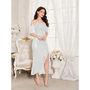 Stunning Sequined Fitted V-Neck Dress - Glamorous Ruffle Trim, Split Hem, Mid-Elastic Polyester Fabric, Elegant Solid Color Design for Wedding, Engagement, Party, and Banquet Occasions