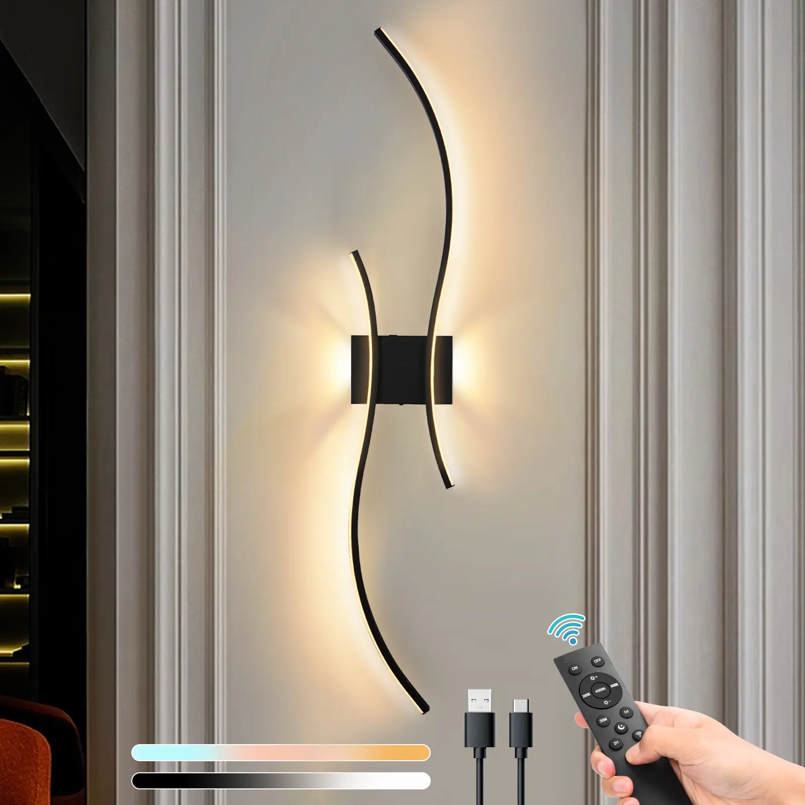 Serbasic Battery Operated Wall Sconces Set of Two with Remote Control, Stepless Colors 3000K-6000K & Dimming, Touch Control LED Black Wireless Wall Light for Living Room, Hallway, Bedroom, 39.3 Inch Modern Mood Lighting Nightstand Led, Adjustable Lighting